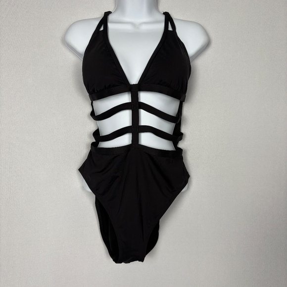 KENNETH COLE NY | Sexy Black Caged V-Neck Cut-Out One-Piece Swimsuit Size XL - Picture 2 of 9